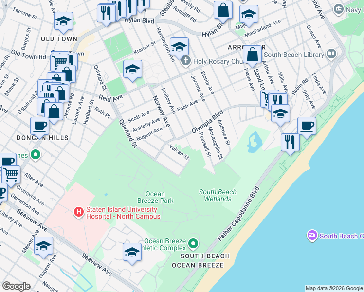 map of restaurants, bars, coffee shops, grocery stores, and more near 17 Lava Street in Staten Island