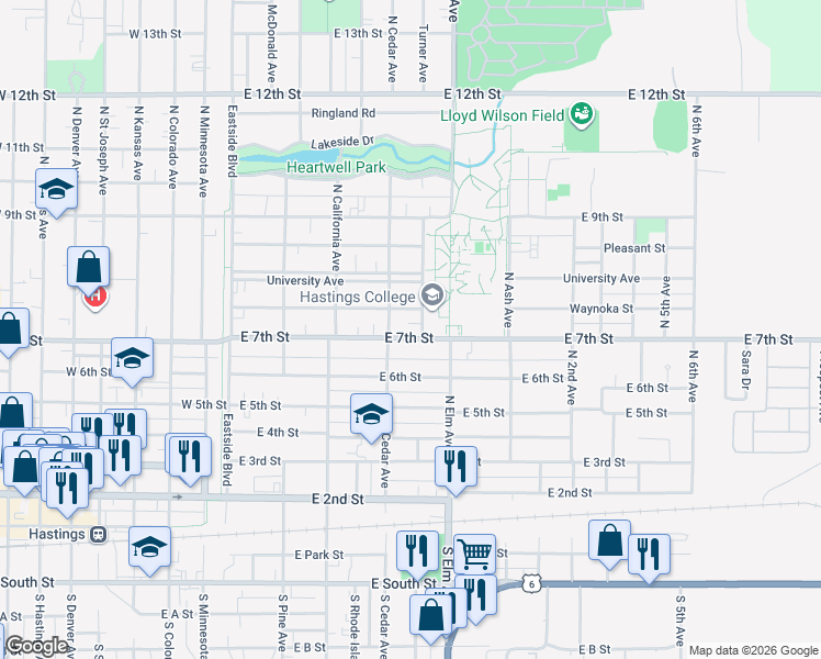 map of restaurants, bars, coffee shops, grocery stores, and more near 507 East 7th Street in Hastings