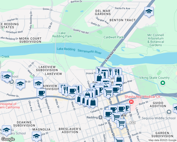 map of restaurants, bars, coffee shops, grocery stores, and more near 1527 Riverside Drive in Redding