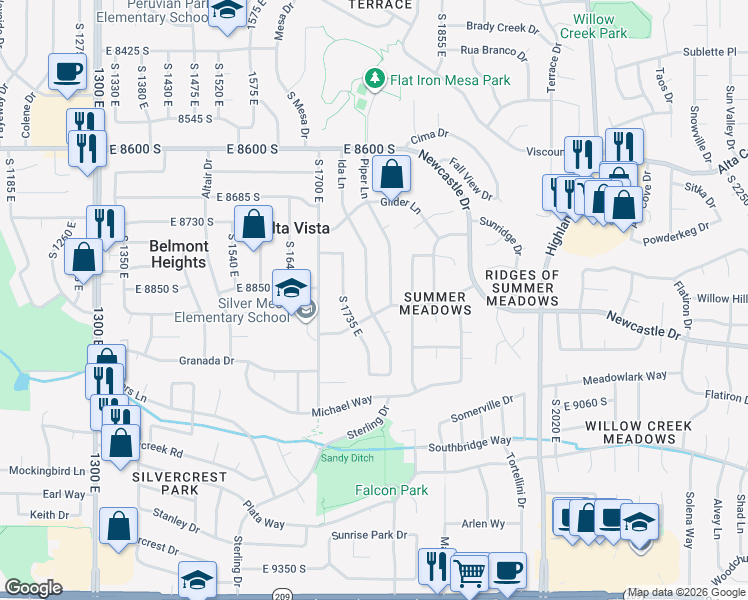 map of restaurants, bars, coffee shops, grocery stores, and more near 8875 Ida Lane in Sandy