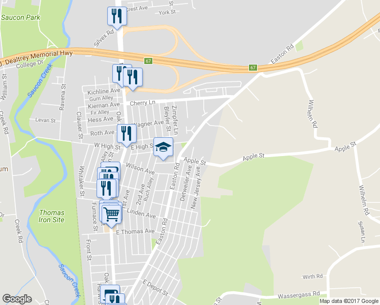 map of restaurants, bars, coffee shops, grocery stores, and more near 1460 Detweiler Avenue in Hellertown