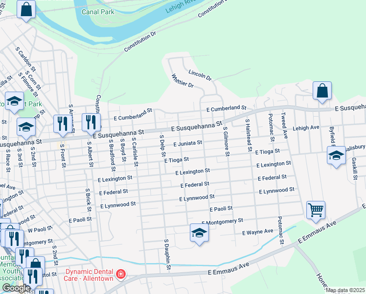 map of restaurants, bars, coffee shops, grocery stores, and more near 502 East Juniata Street in Allentown