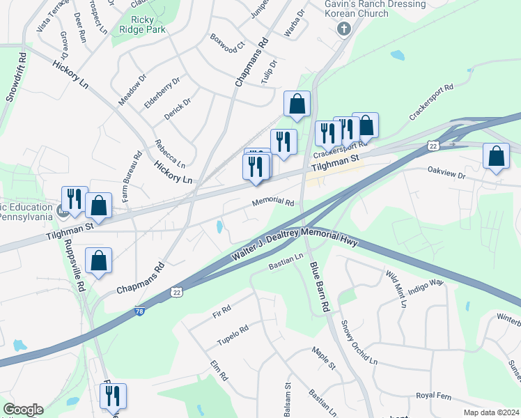 map of restaurants, bars, coffee shops, grocery stores, and more near 5980 Memorial Road in Allentown
