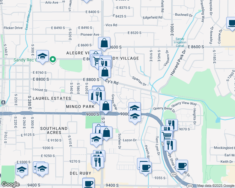 map of restaurants, bars, coffee shops, grocery stores, and more near 780 East 8875 South in Sandy