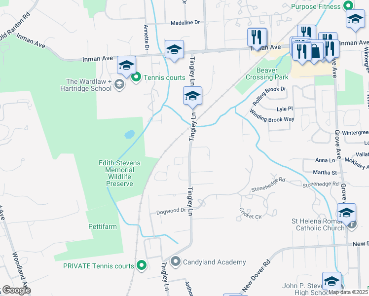 map of restaurants, bars, coffee shops, grocery stores, and more near 203 Tingley Lane in Edison