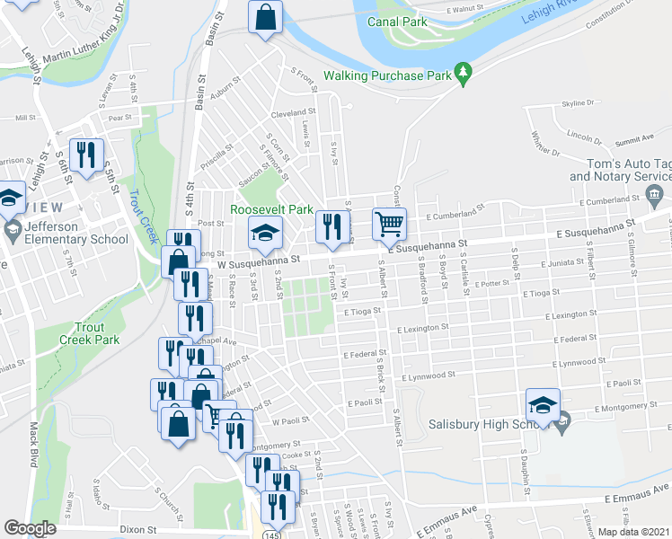map of restaurants, bars, coffee shops, grocery stores, and more near 1 East Adams Street in Allentown