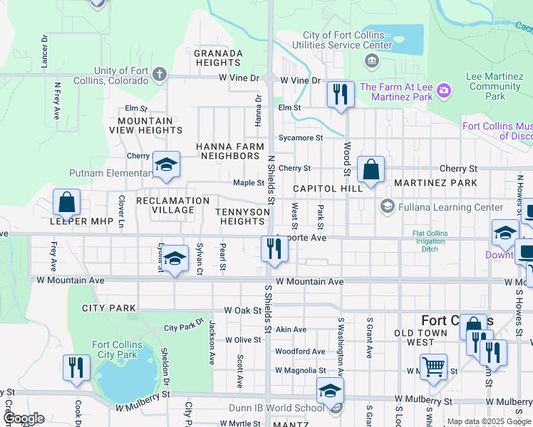 map of restaurants, bars, coffee shops, grocery stores, and more near 219 North Shields Street in Fort Collins