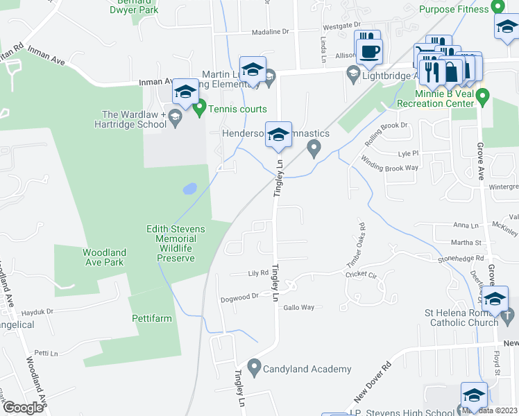 map of restaurants, bars, coffee shops, grocery stores, and more near 203 Tingley Lane in Edison