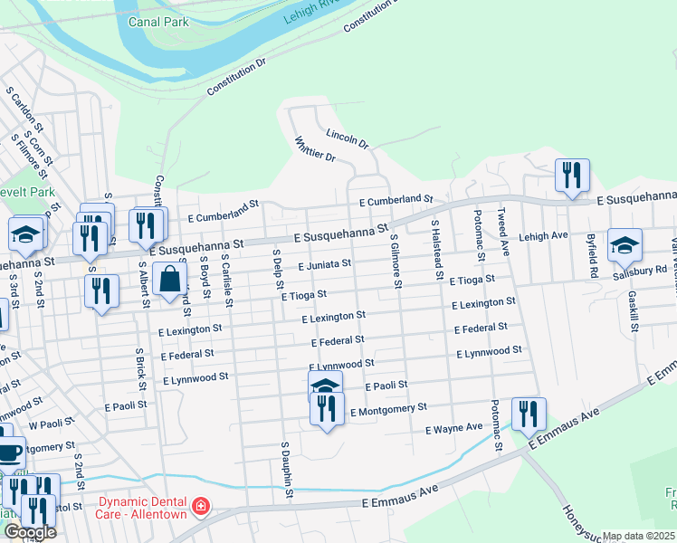 map of restaurants, bars, coffee shops, grocery stores, and more near 532-534 East Juniata Street in Allentown