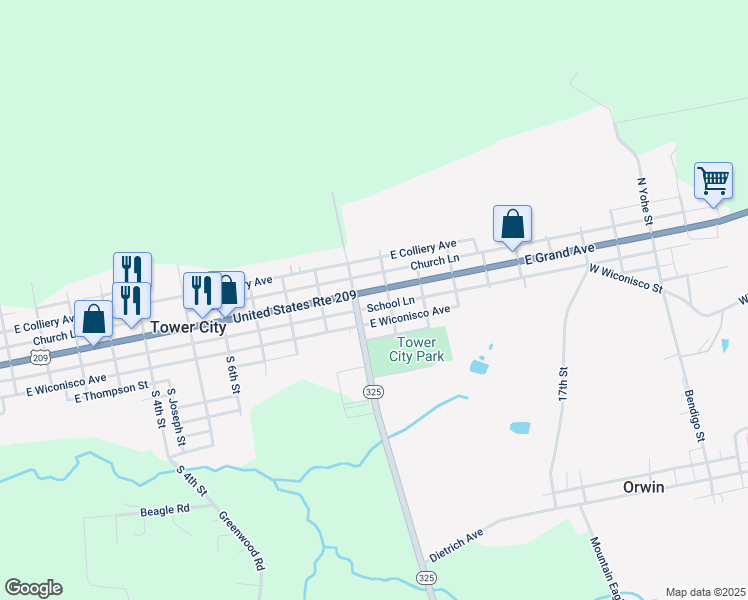 map of restaurants, bars, coffee shops, grocery stores, and more near 1020 East Grand Avenue in Tower City