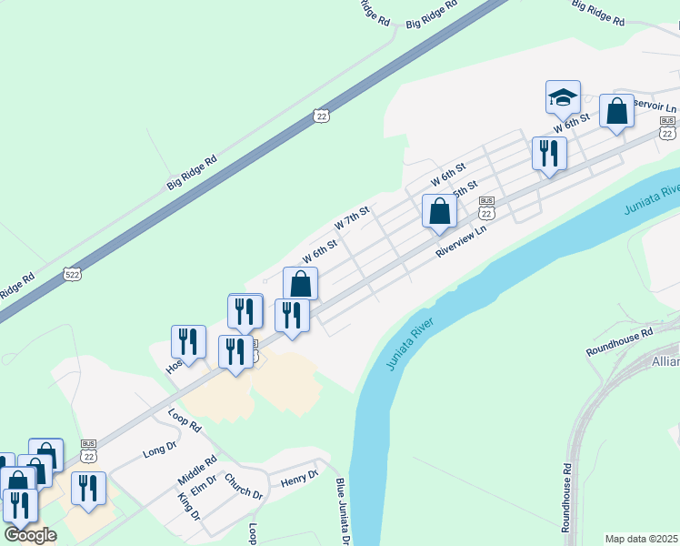 map of restaurants, bars, coffee shops, grocery stores, and more near 1120 West 5th Street in Lewistown