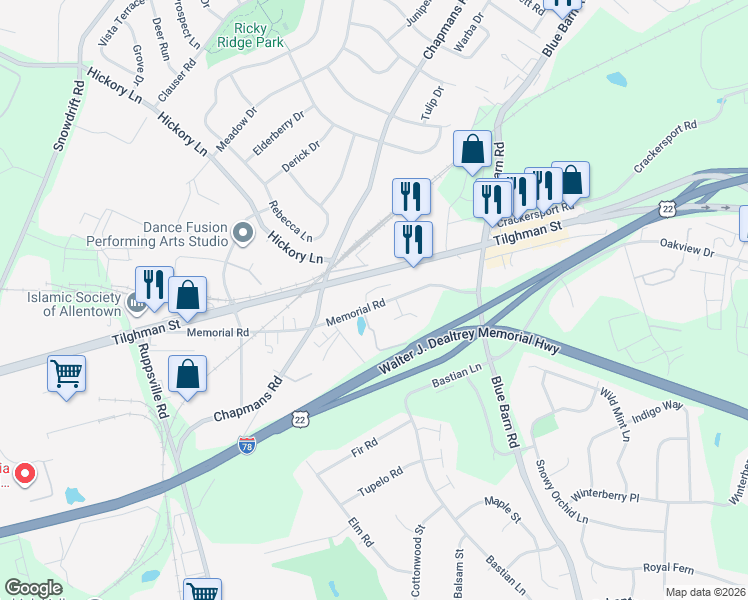 map of restaurants, bars, coffee shops, grocery stores, and more near 6111 Memorial Road in Allentown