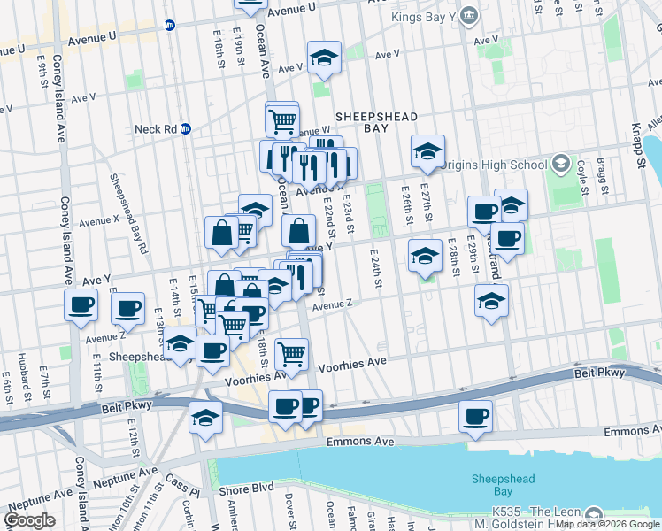 map of restaurants, bars, coffee shops, grocery stores, and more near 2555 East 21st Street in Brooklyn