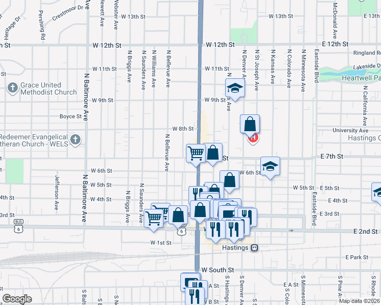 map of restaurants, bars, coffee shops, grocery stores, and more near 705 North Burlington Avenue in Hastings