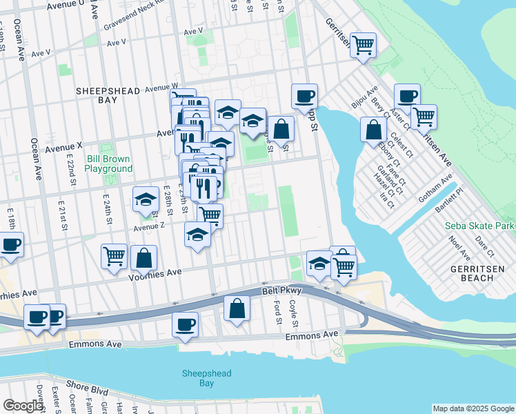 map of restaurants, bars, coffee shops, grocery stores, and more near 3011 Avenue Z in Brooklyn