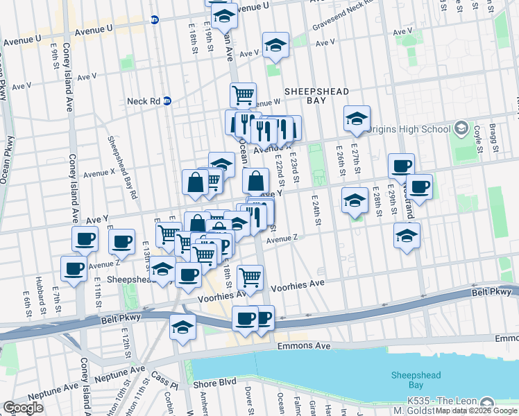 map of restaurants, bars, coffee shops, grocery stores, and more near 2909 Ocean Avenue in Brooklyn