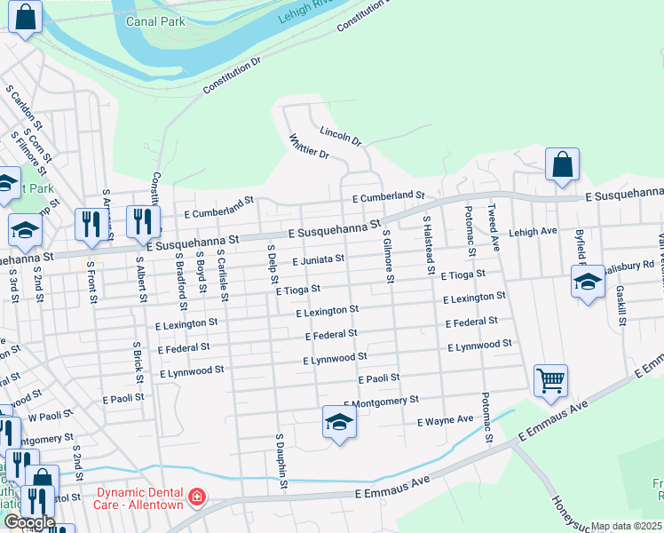 map of restaurants, bars, coffee shops, grocery stores, and more near 532-534 East Juniata Street in Allentown