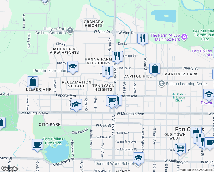 map of restaurants, bars, coffee shops, grocery stores, and more near 1116 Juniper Court in Fort Collins