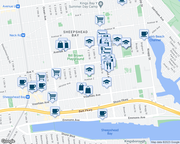 map of restaurants, bars, coffee shops, grocery stores, and more near 2548 East 27th Street in Brooklyn