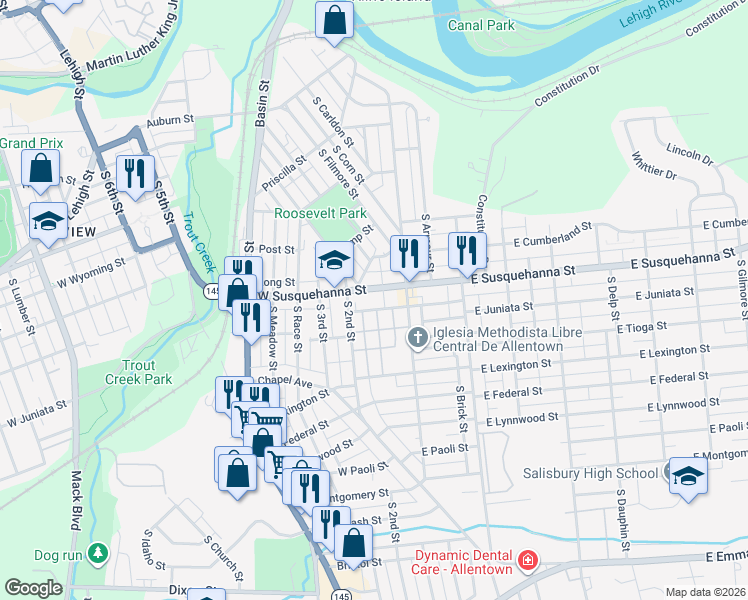 map of restaurants, bars, coffee shops, grocery stores, and more near 134 West Susquehanna Street in Allentown