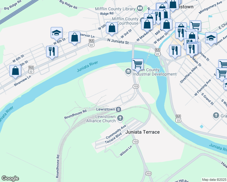 map of restaurants, bars, coffee shops, grocery stores, and more near Duquesne Way in Lewistown