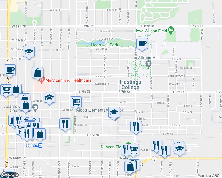 map of restaurants, bars, coffee shops, grocery stores, and more near 319 East 7th Street in Hastings