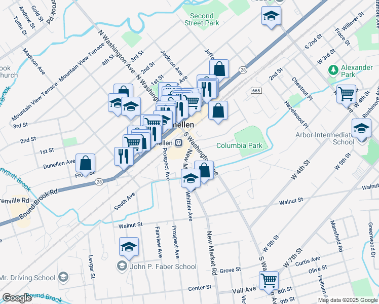 map of restaurants, bars, coffee shops, grocery stores, and more near 115 New Market Road in Dunellen