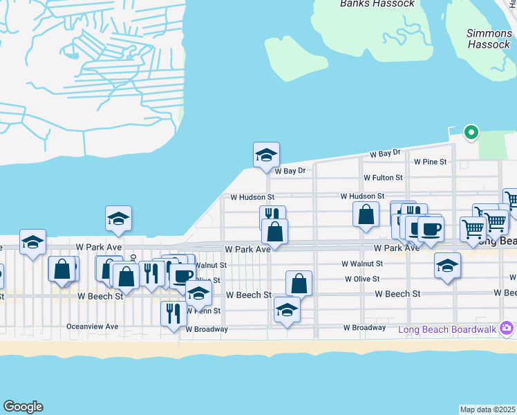 map of restaurants, bars, coffee shops, grocery stores, and more near 501 Lindell Boulevard in Long Beach