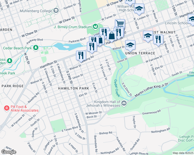 map of restaurants, bars, coffee shops, grocery stores, and more near 2203 West Fairview Street in Allentown