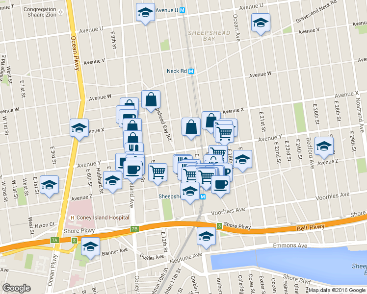 map of restaurants, bars, coffee shops, grocery stores, and more near 1323 Avenue Y in Brooklyn