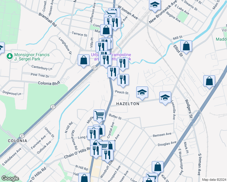 map of restaurants, bars, coffee shops, grocery stores, and more near 116 Peach Street in Woodbridge Township