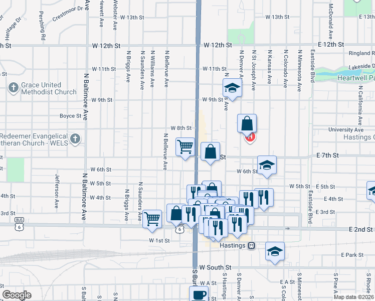 map of restaurants, bars, coffee shops, grocery stores, and more near 705 North Burlington Avenue in Hastings