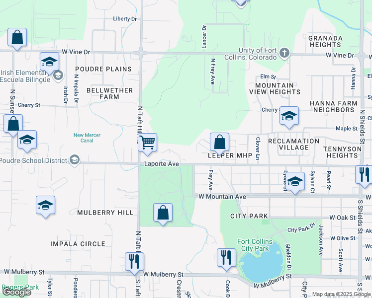 map of restaurants, bars, coffee shops, grocery stores, and more near 1850 Laporte Avenue in Fort Collins
