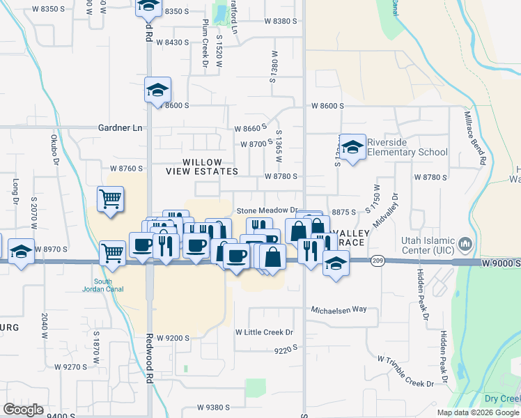 map of restaurants, bars, coffee shops, grocery stores, and more near 1393 Stone Meadow Drive in West Jordan
