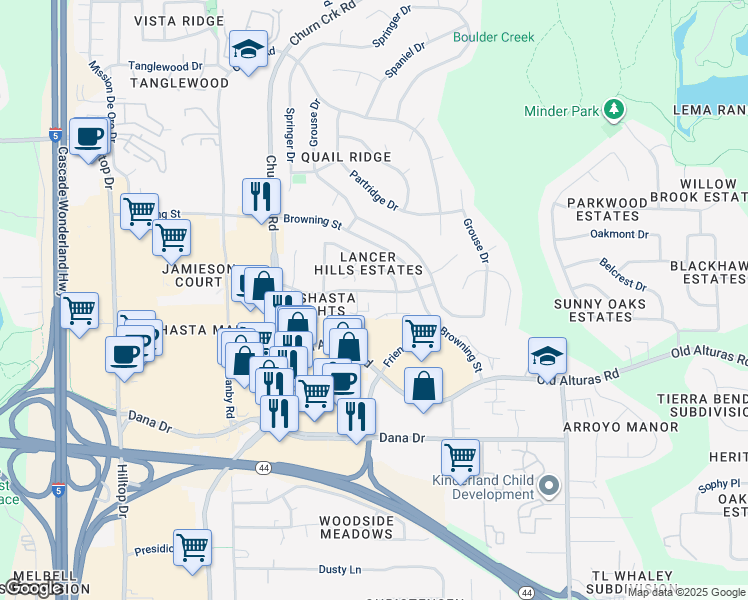 map of restaurants, bars, coffee shops, grocery stores, and more near 1233 Bundy Court in Redding