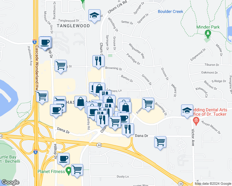 map of restaurants, bars, coffee shops, grocery stores, and more near 1229 Burton Court in Redding