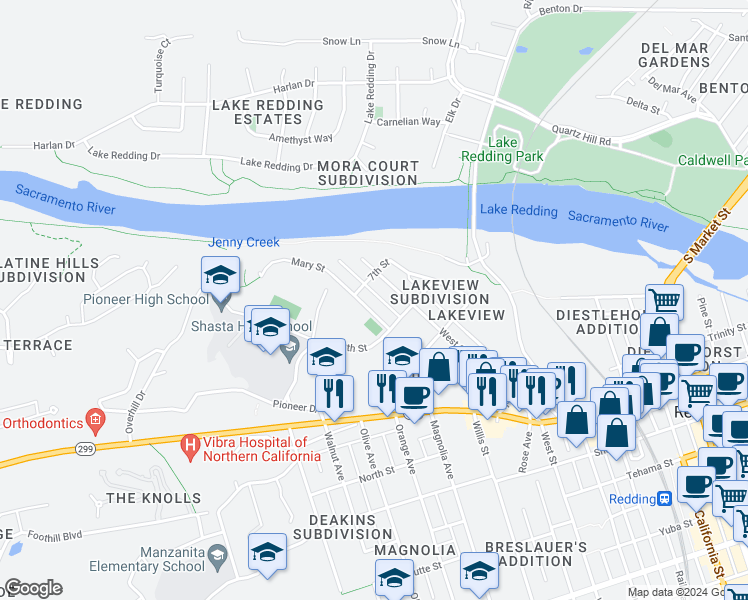 map of restaurants, bars, coffee shops, grocery stores, and more near 15 Mary Street in Redding