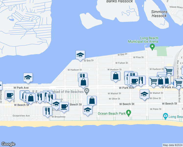 map of restaurants, bars, coffee shops, grocery stores, and more near 545 West Market Street in Long Beach