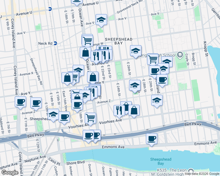 map of restaurants, bars, coffee shops, grocery stores, and more near 2538 East 23rd Street in Brooklyn