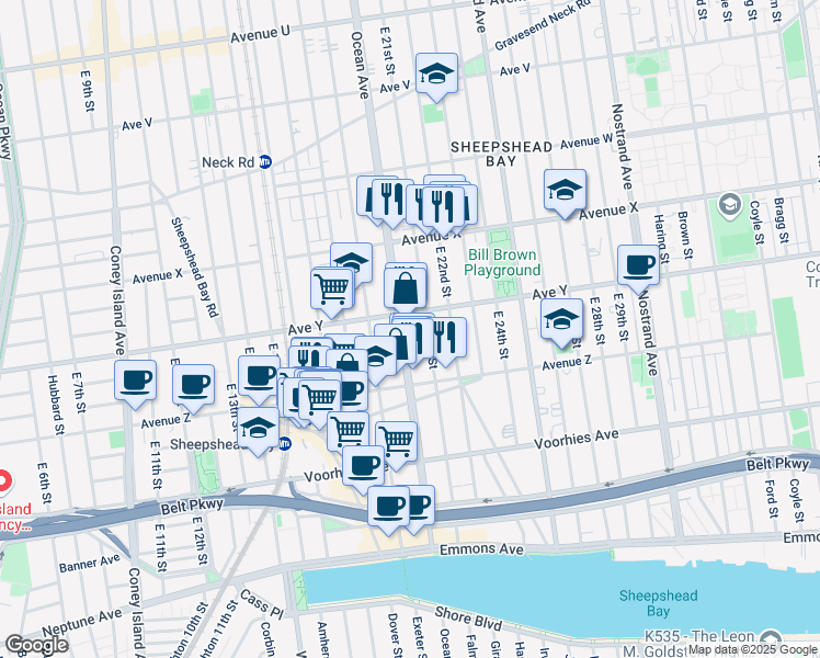 map of restaurants, bars, coffee shops, grocery stores, and more near 2920 Ocean Avenue in Brooklyn