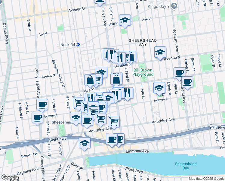 map of restaurants, bars, coffee shops, grocery stores, and more near 2920 Ocean Avenue in Brooklyn