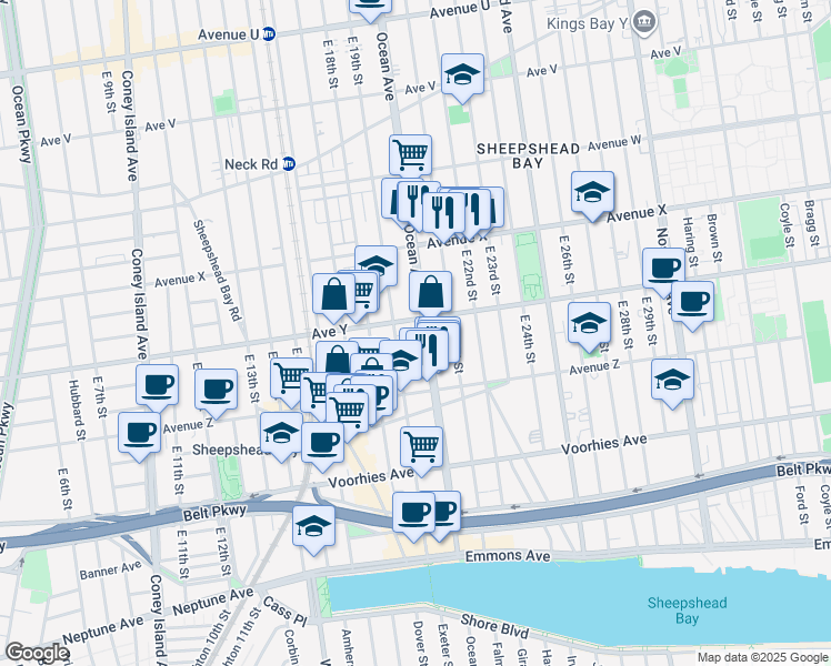 map of restaurants, bars, coffee shops, grocery stores, and more near 2920 Ocean Avenue in Brooklyn