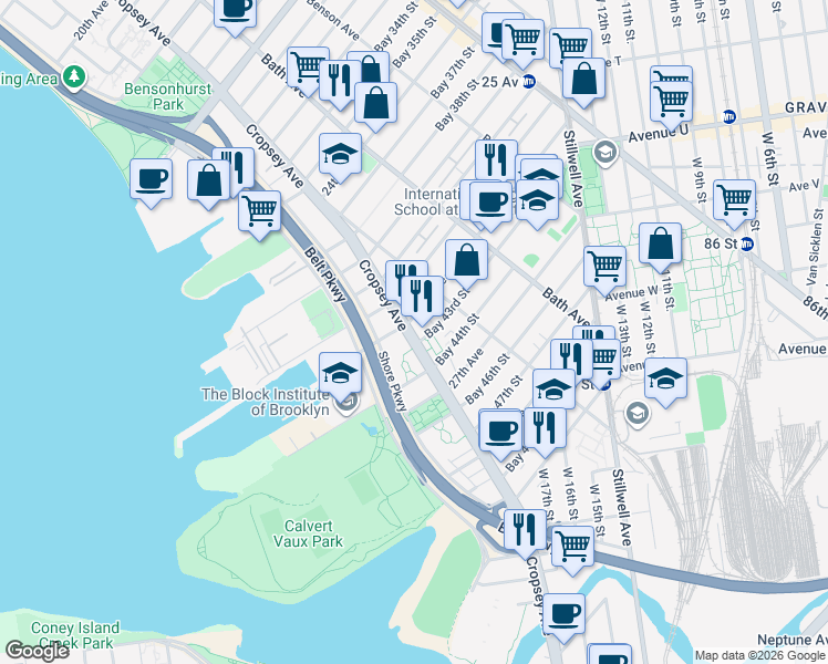 map of restaurants, bars, coffee shops, grocery stores, and more near 259 Bay 43rd Street in Brooklyn
