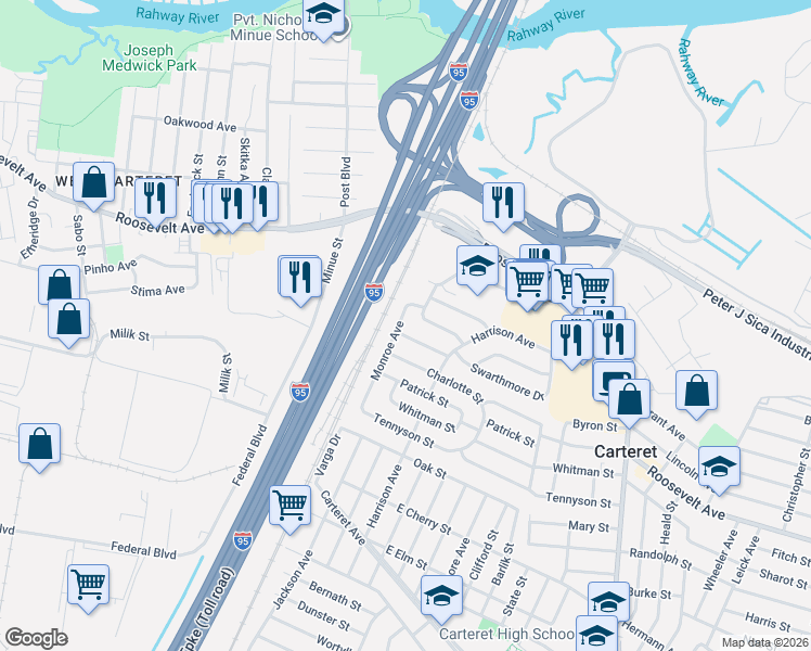 map of restaurants, bars, coffee shops, grocery stores, and more near 30 Monroe Avenue in Carteret