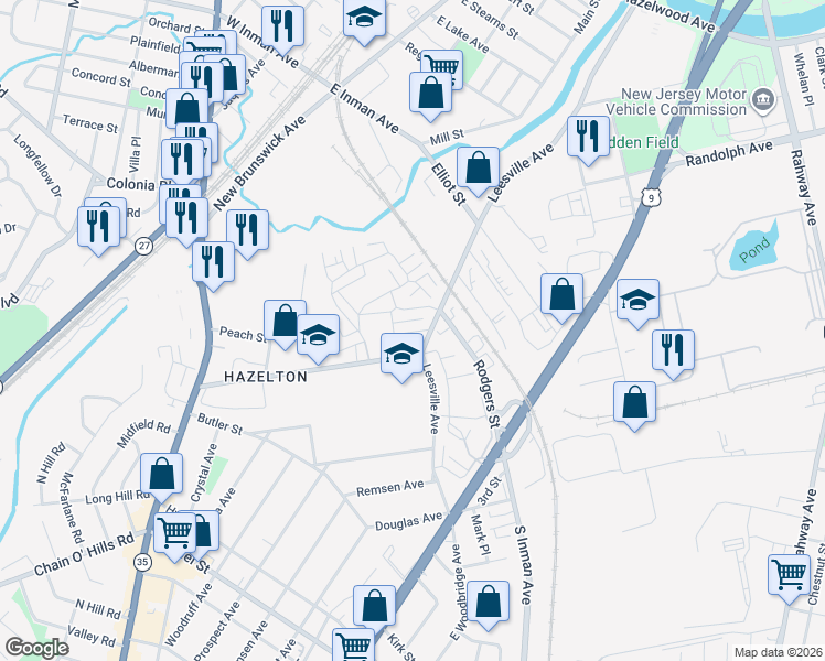 map of restaurants, bars, coffee shops, grocery stores, and more near 3715 South Village Drive in Woodbridge Township