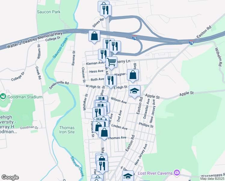 map of restaurants, bars, coffee shops, grocery stores, and more near 1422 Main Street in Hellertown