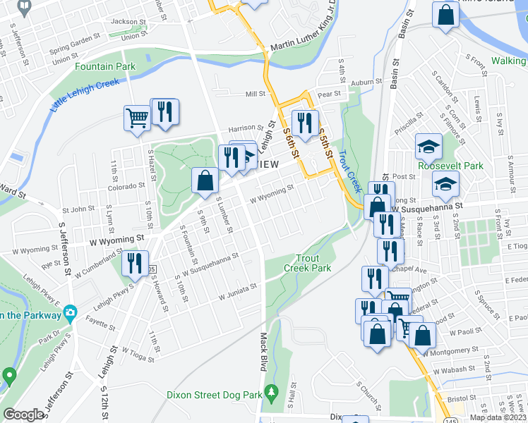 map of restaurants, bars, coffee shops, grocery stores, and more near 1021 South 8th Street in Allentown