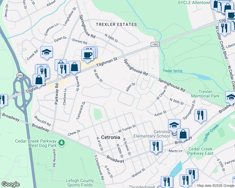 map of restaurants, bars, coffee shops, grocery stores, and more near 4013 Page Street in Allentown