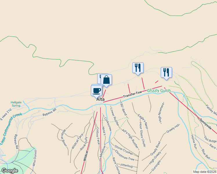 map of restaurants, bars, coffee shops, grocery stores, and more near 10231 E Little Cottonwood Rd in Alta