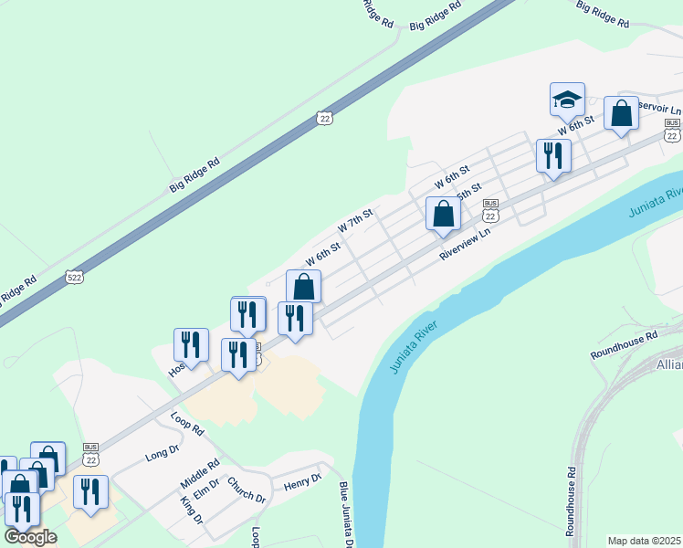 map of restaurants, bars, coffee shops, grocery stores, and more near 1120 West 5th Street in Lewistown